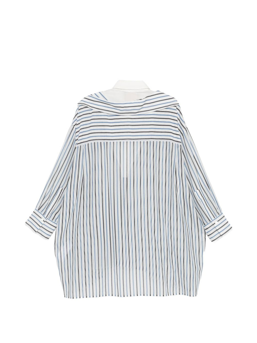 Semicouture Graciana Cotton Shirt With V Neck Navy Striped Long Sleeve Asymmetric Hem For Women Polished Wardrobe