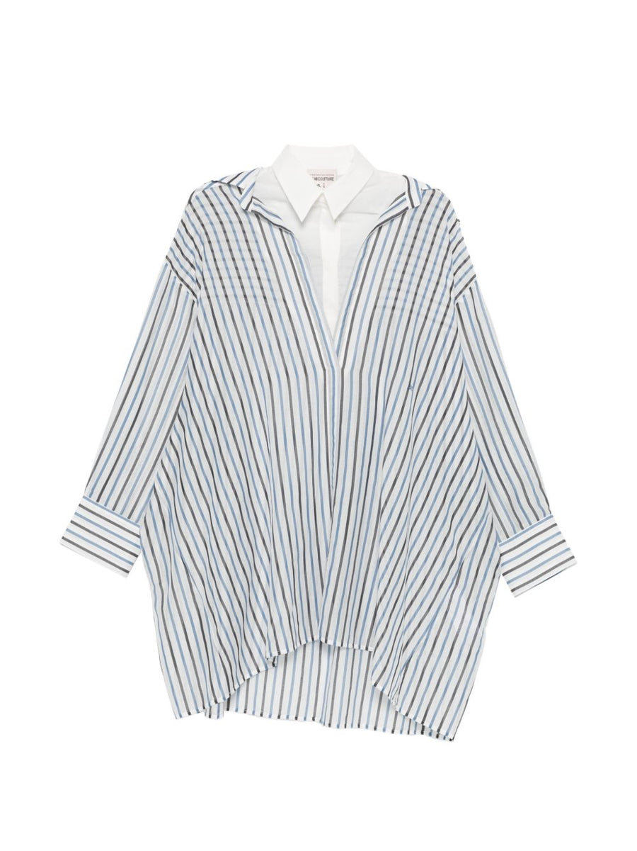 Semicouture Graciana Cotton Shirt With V Neck Navy Striped Long Sleeve Asymmetric Hem For Women Polished Wardrobe