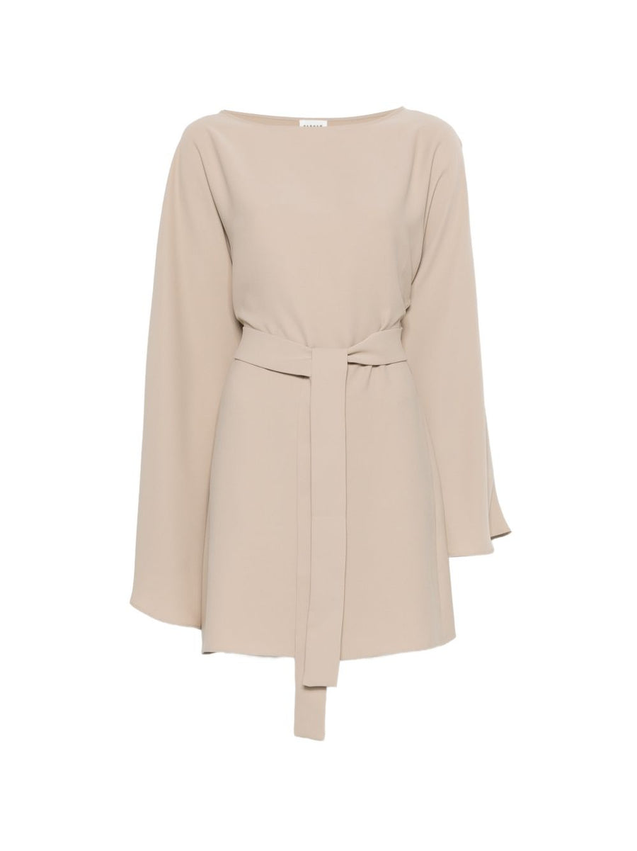 Parosh Short Dress For Women Beige Sand Tone Belted Waist Boat Neck Polyester Luxe Polished Spring Summer 2026