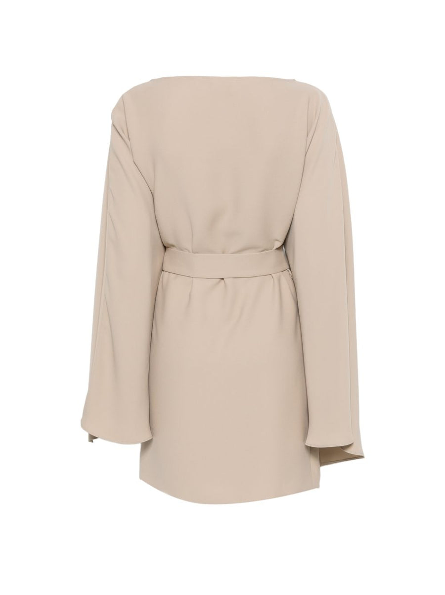 Parosh Short Dress For Women Beige Sand Tone Belted Waist Boat Neck Polyester Luxe Polished Spring Summer 2026