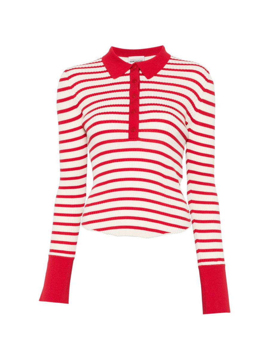Semicouture Women Cotton Polo Shirt With Ivory And Red Stripes For Everyday Luxury And Versatility