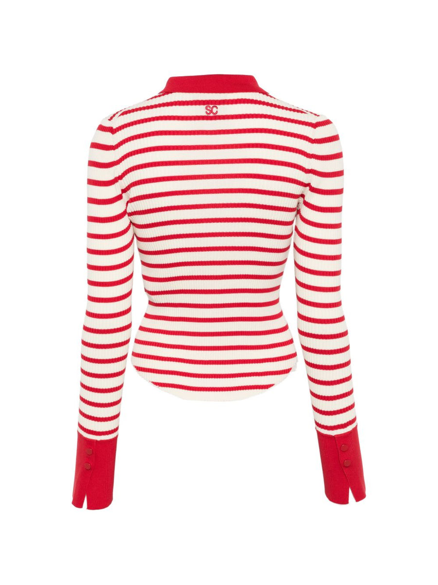 Semicouture Women Cotton Polo Shirt With Ivory And Red Stripes For Everyday Luxury And Versatility