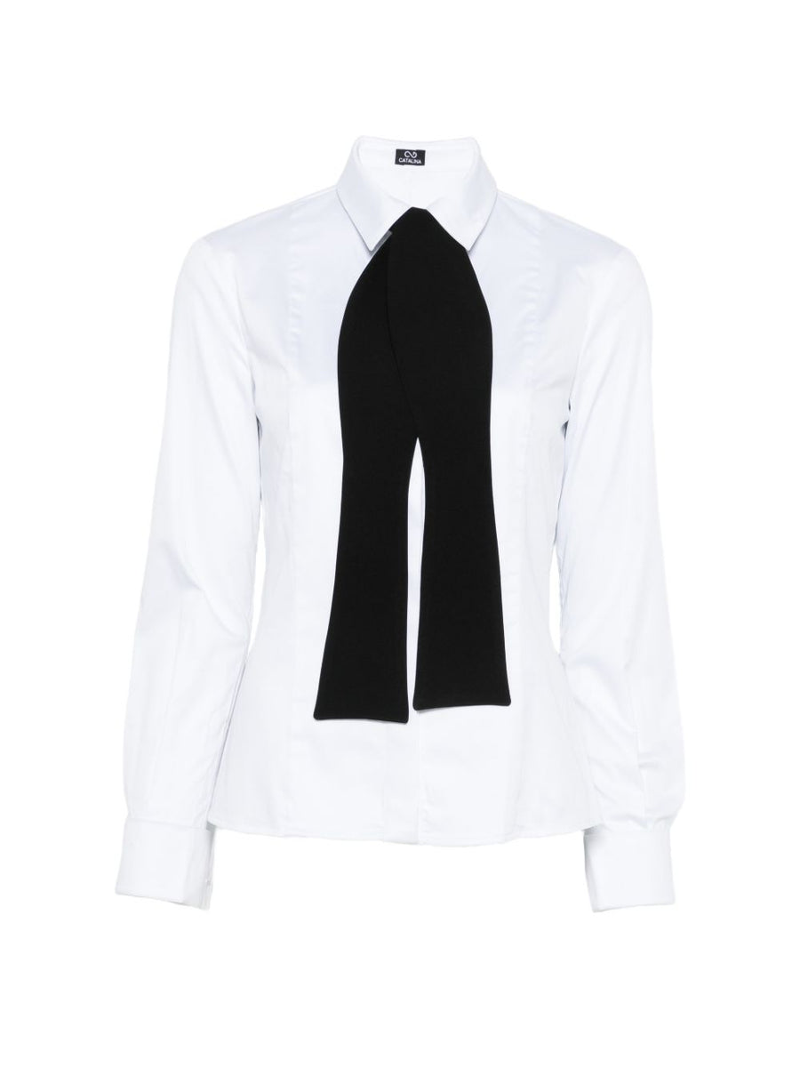 Catalina Tie Shirt For Women Refined White Cotton Blend With Concealed Placket Office Ready