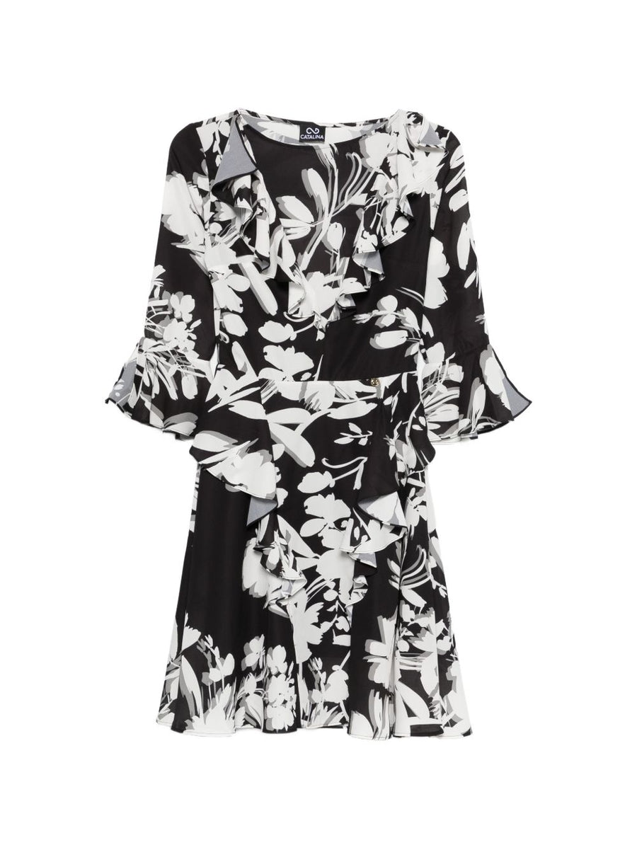 Catalina Printed Short Dress Wrap Front Elegant Floral Resort Wear For Women Ruffle Detail