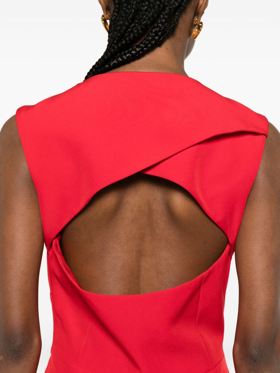Catalina Mini Dress Red Pleated V Neck With Criss Cross Back And Gold Logo Detail For Women Luxurious