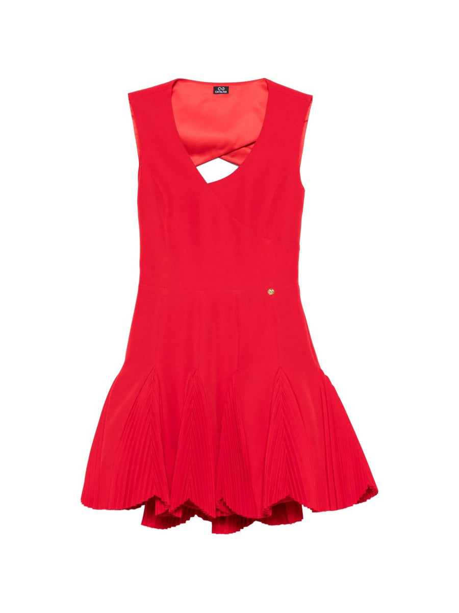 Catalina Mini Dress Red Pleated V Neck With Criss Cross Back And Gold Logo Detail For Women Luxurious