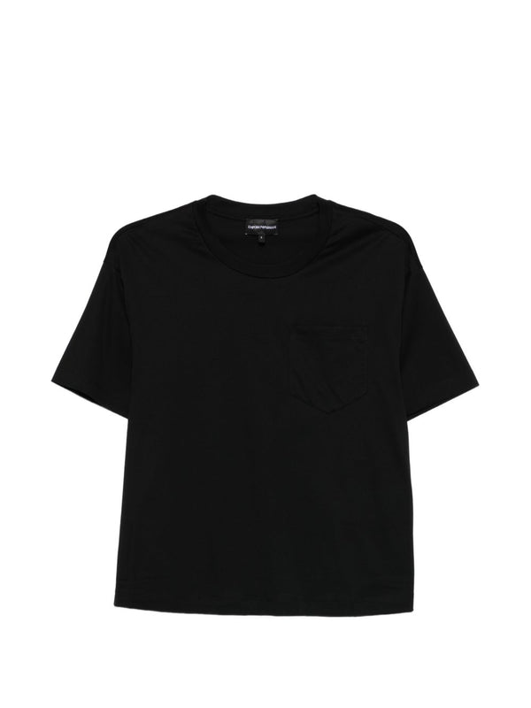 Emporio Armani Logo Black Cotton T Shirt For Women With Chest Pocket Crew Neck And Logo Detail