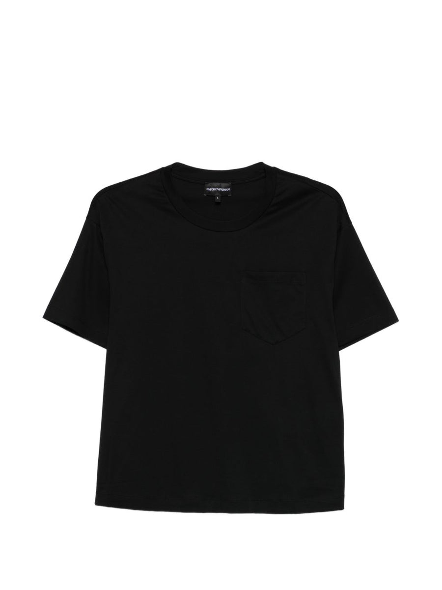 Emporio Armani Logo Black Cotton T Shirt For Women With Chest Pocket Crew Neck And Logo Detail