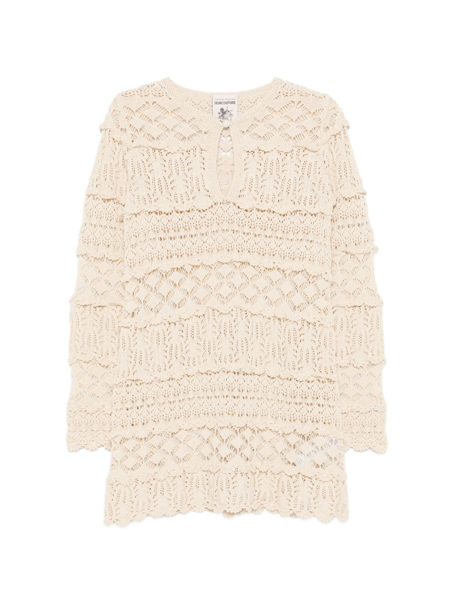 Semicouture Alvina Cotton Mini Dress White Openwork Detail For Women Effortless Day To Night Luxe