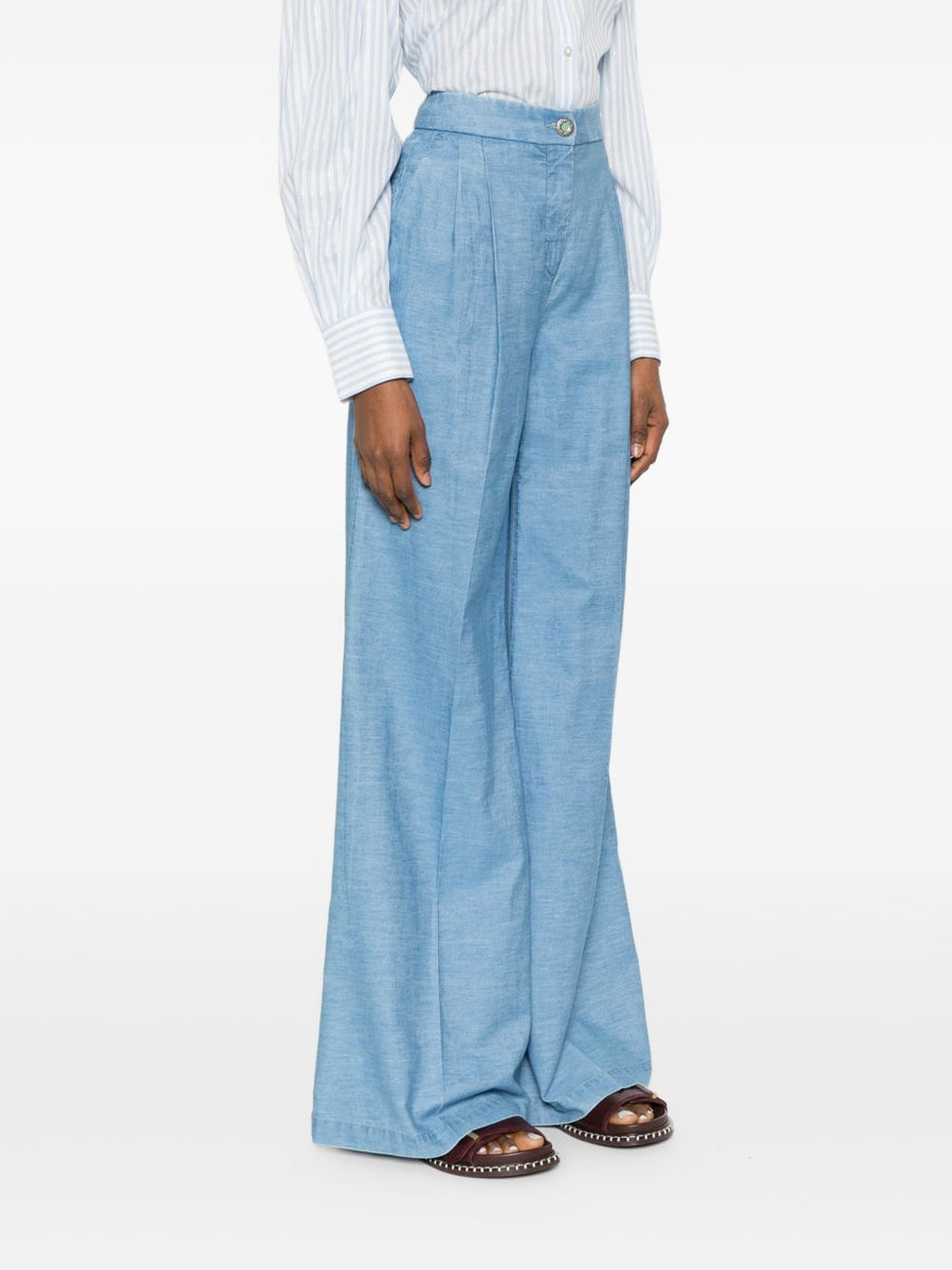 Via Masini 80 Cotton Flared Trousers Navy Lyocell Blend Versatile High Rise Pleated Wide Leg For Women