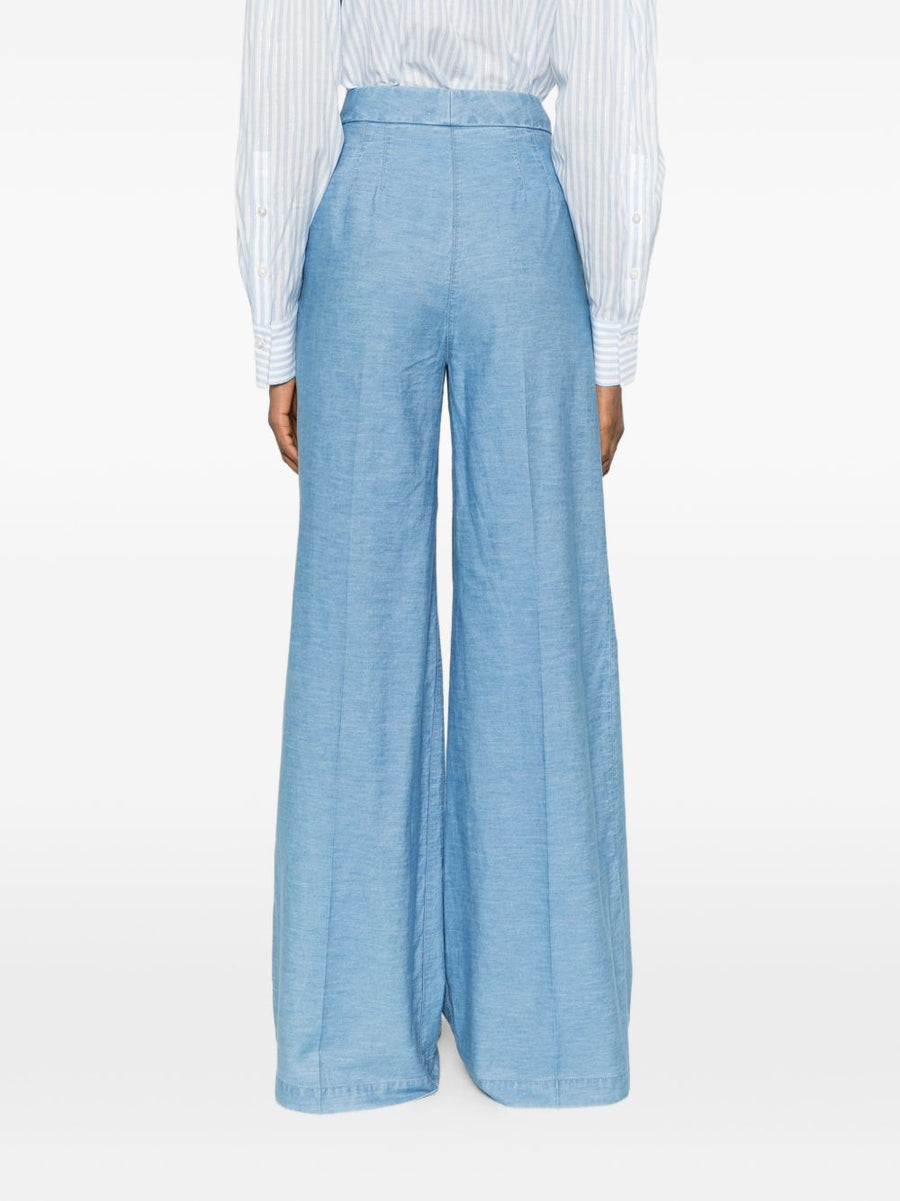 Via Masini 80 Cotton Flared Trousers Navy Lyocell Blend Versatile High Rise Pleated Wide Leg For Women