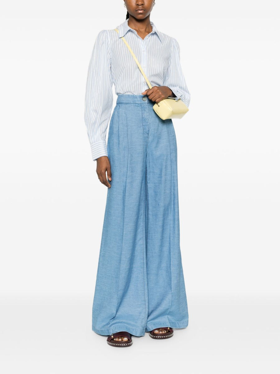 Via Masini 80 Cotton Flared Trousers Navy Lyocell Blend Versatile High Rise Pleated Wide Leg For Women