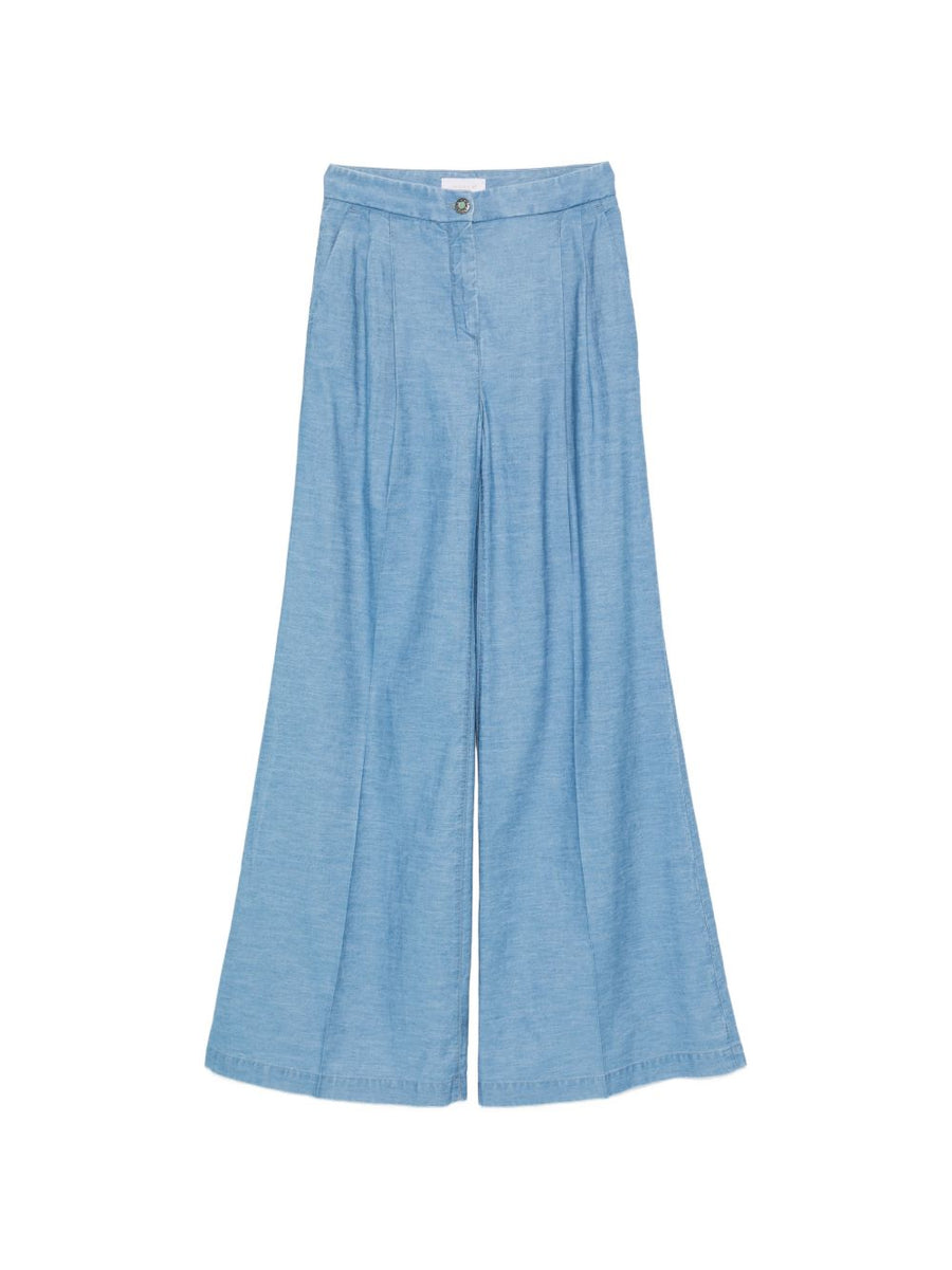 Via Masini 80 Cotton Flared Trousers Navy Lyocell Blend Versatile High Rise Pleated Wide Leg For Women