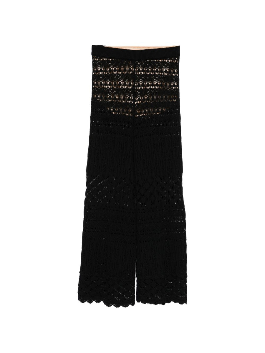 Semicouture Amalia Cotton Trousers For Women, Wide Leg Knit Construction, Scalloped Hem In Black