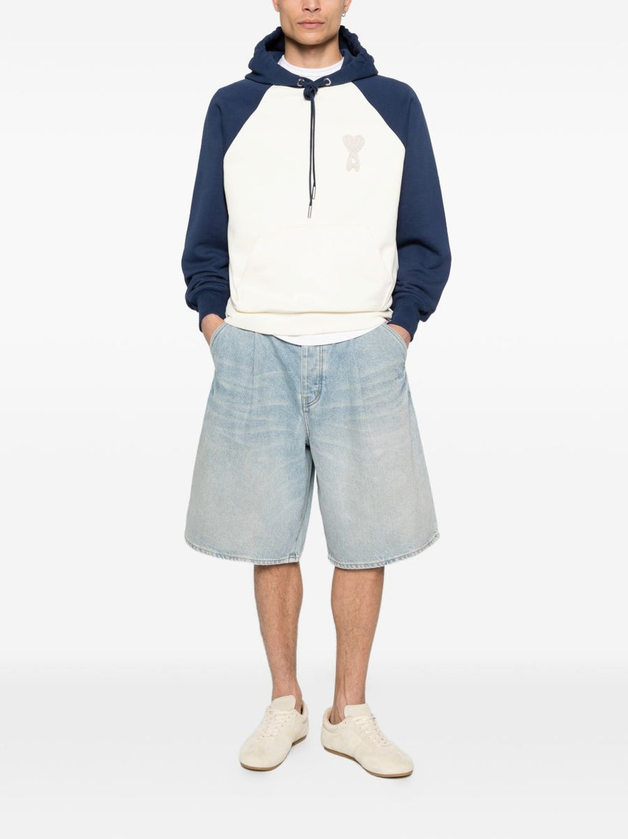 Ami Paris Ami De Coeur Cotton Hoodie For Men Navy Premium Embroidered Emblem Drawstring Hood