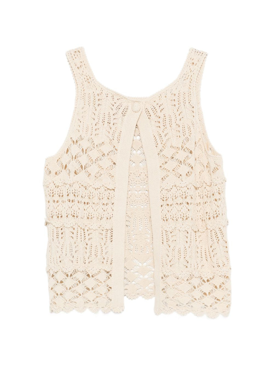 Semicouture Shelley White Cotton Tank Top Openwork Knit Tiered Sleeveless