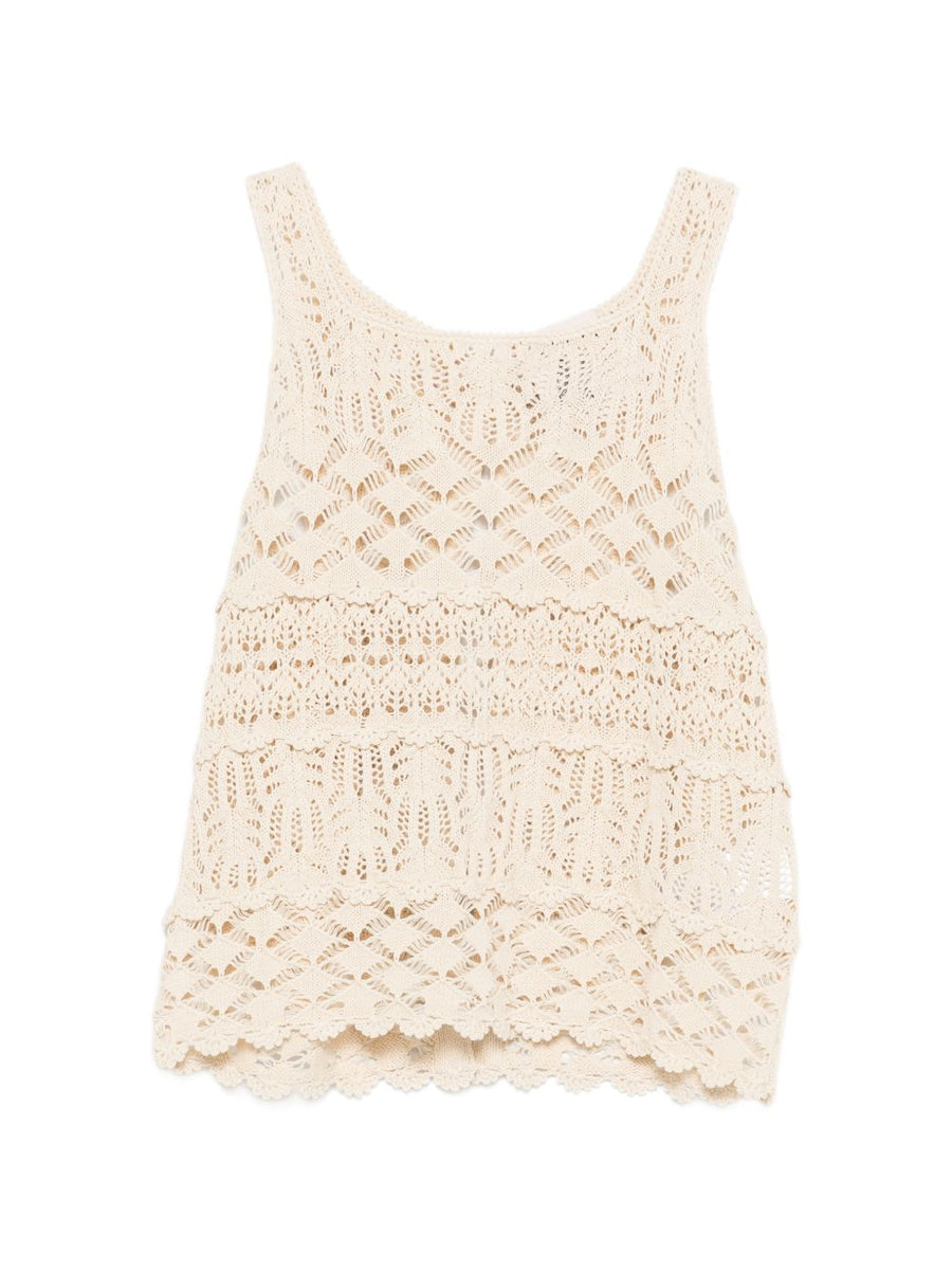Semicouture Shelley White Cotton Tank Top Openwork Knit Tiered Sleeveless