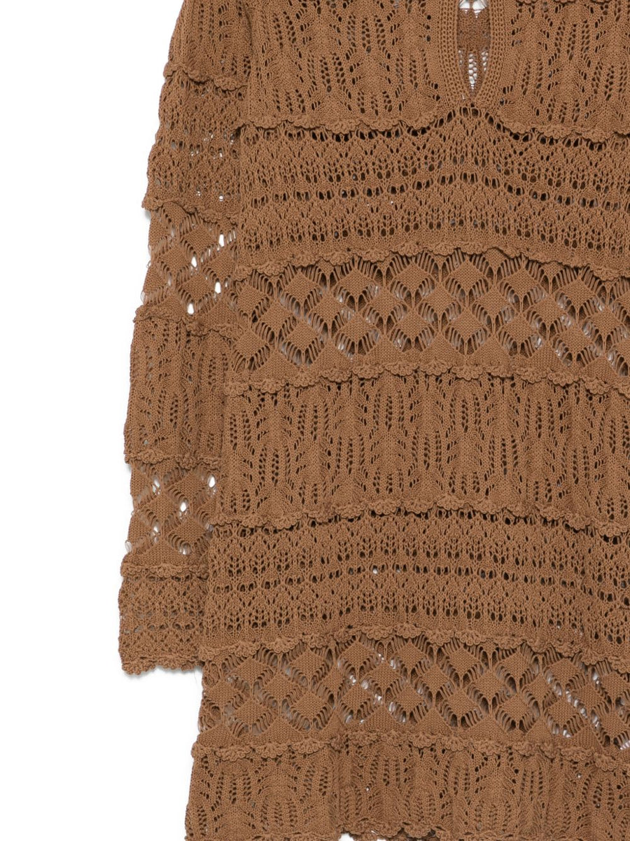 Cotton Mini Dress Alvina By Semicouture For Women Breathable Openwork Knit With Delicate Ruffles And Keyhole