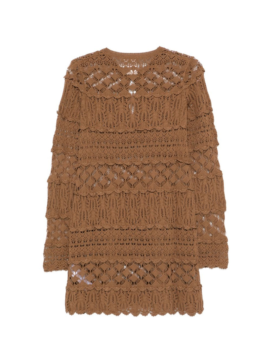 Cotton Mini Dress Alvina By Semicouture For Women Breathable Openwork Knit With Delicate Ruffles And Keyhole