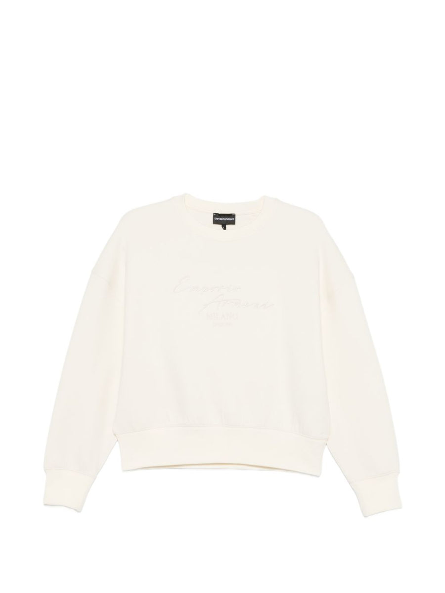 Emporio Armani Women Cotton Crewneck Sweatshirt in Ecru with Subtle Embroidery Luxury Everyday Topwear