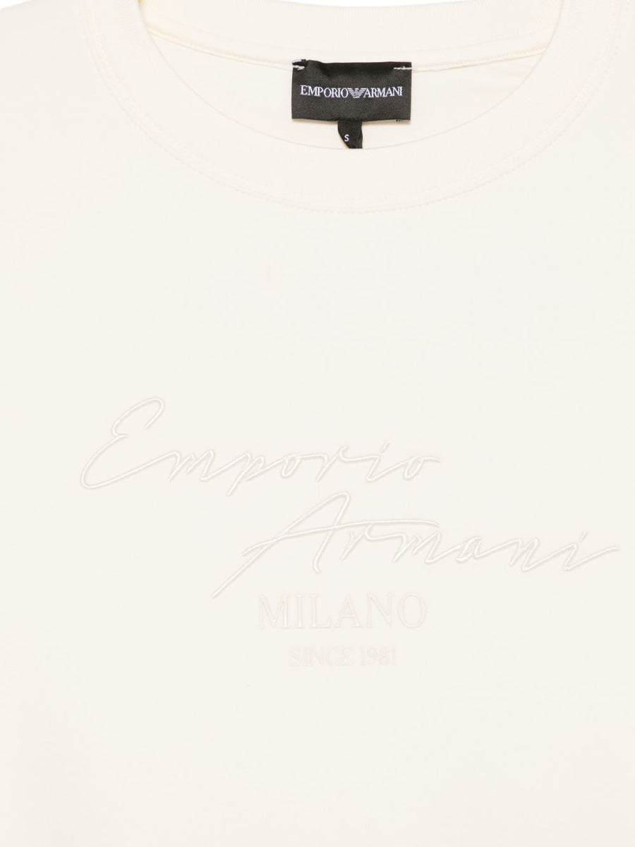 Emporio Armani Women Cotton Crewneck Sweatshirt in Ecru with Subtle Embroidery Luxury Everyday Topwear