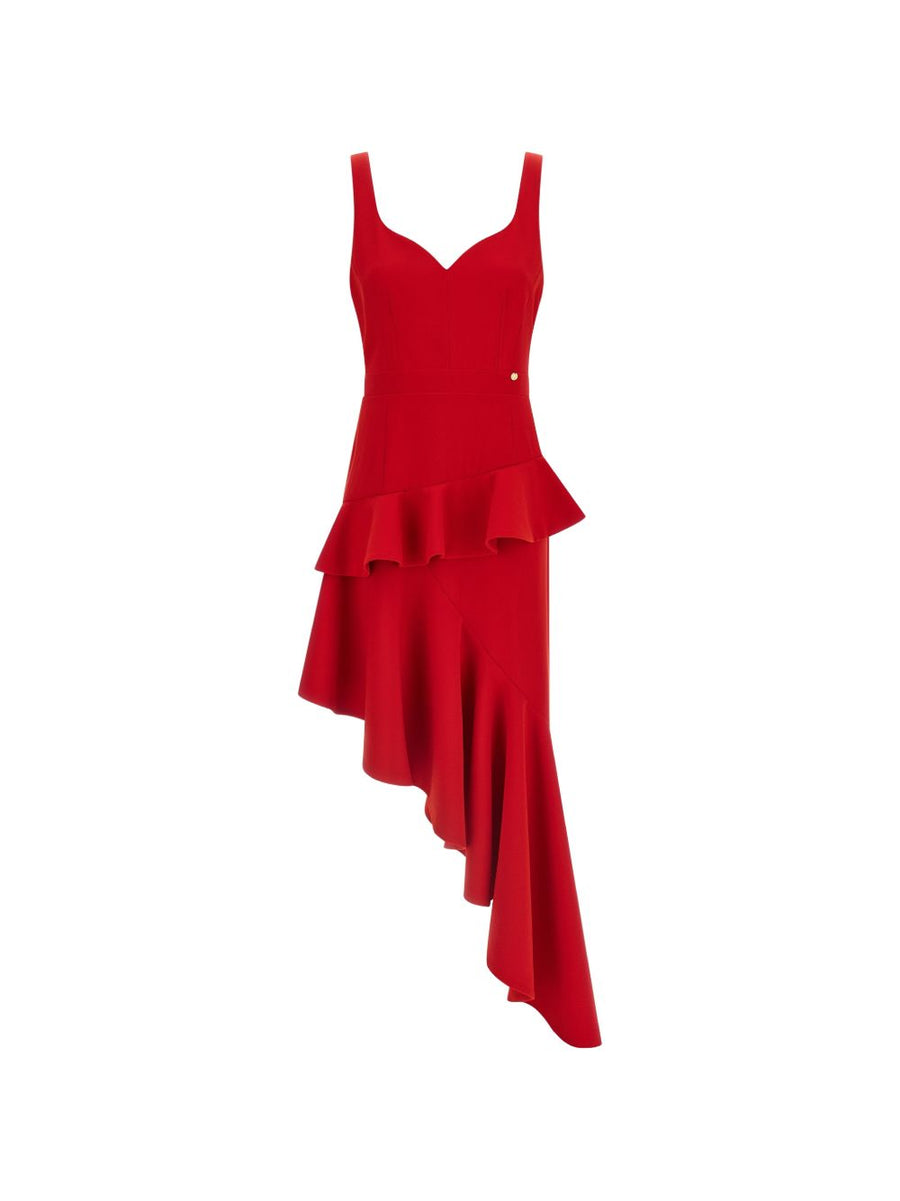 Catalina Red Asymmetric Long Dress For Women With Draped Silhouette Polyester Maxi Evening Gown Versatile Style