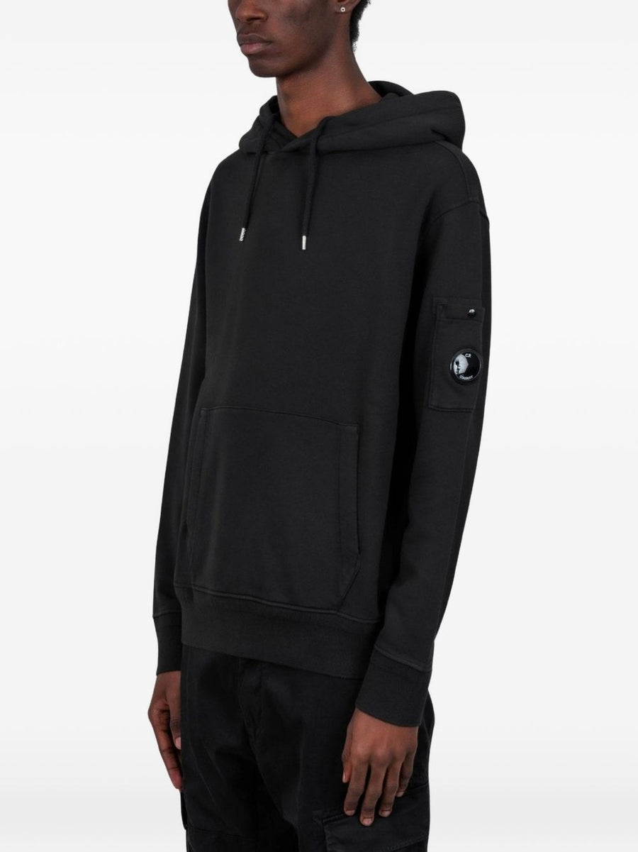 C.P. Company Black 100 Percent Cotton Hoodie With Drawstring Hood Front Pocket Logo Patch For Men