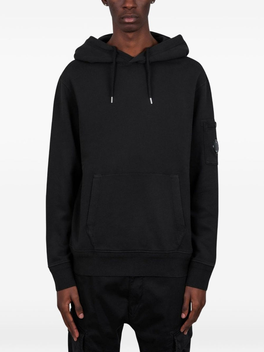 C.P. Company Black 100 Percent Cotton Hoodie With Drawstring Hood Front Pocket Logo Patch For Men