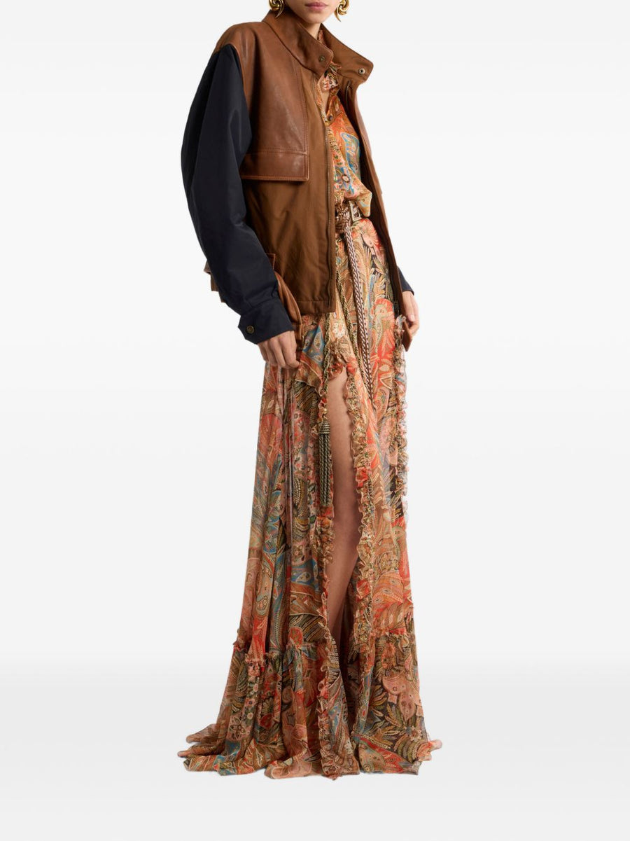 Etro Silk Shirt For Women With Orange Paisley Print, Ruffled Front, 100 Percent Silk, Elegant Statement