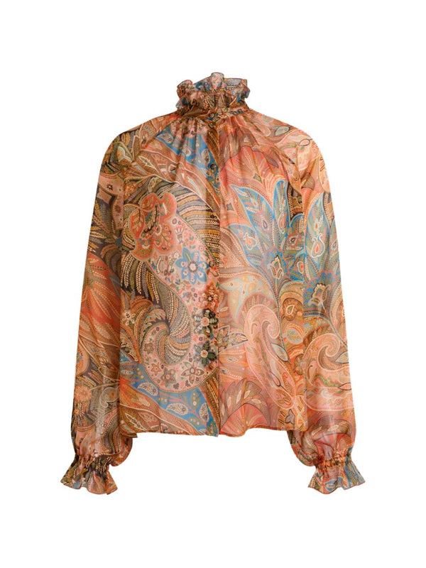 Etro Silk Shirt For Women With Orange Paisley Print, Ruffled Front, 100 Percent Silk, Elegant Statement