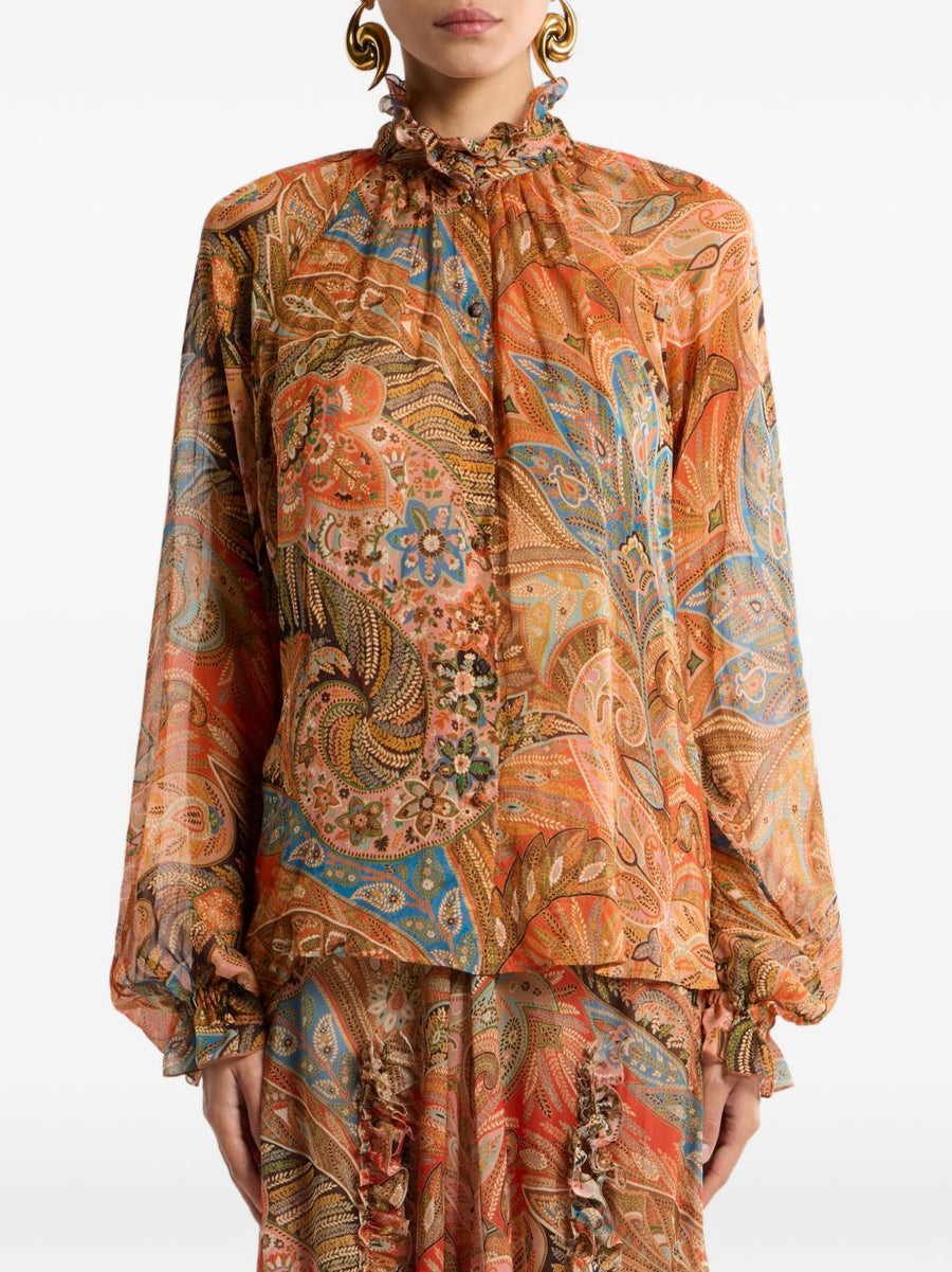 Etro Silk Shirt For Women With Orange Paisley Print, Ruffled Front, 100 Percent Silk, Elegant Statement