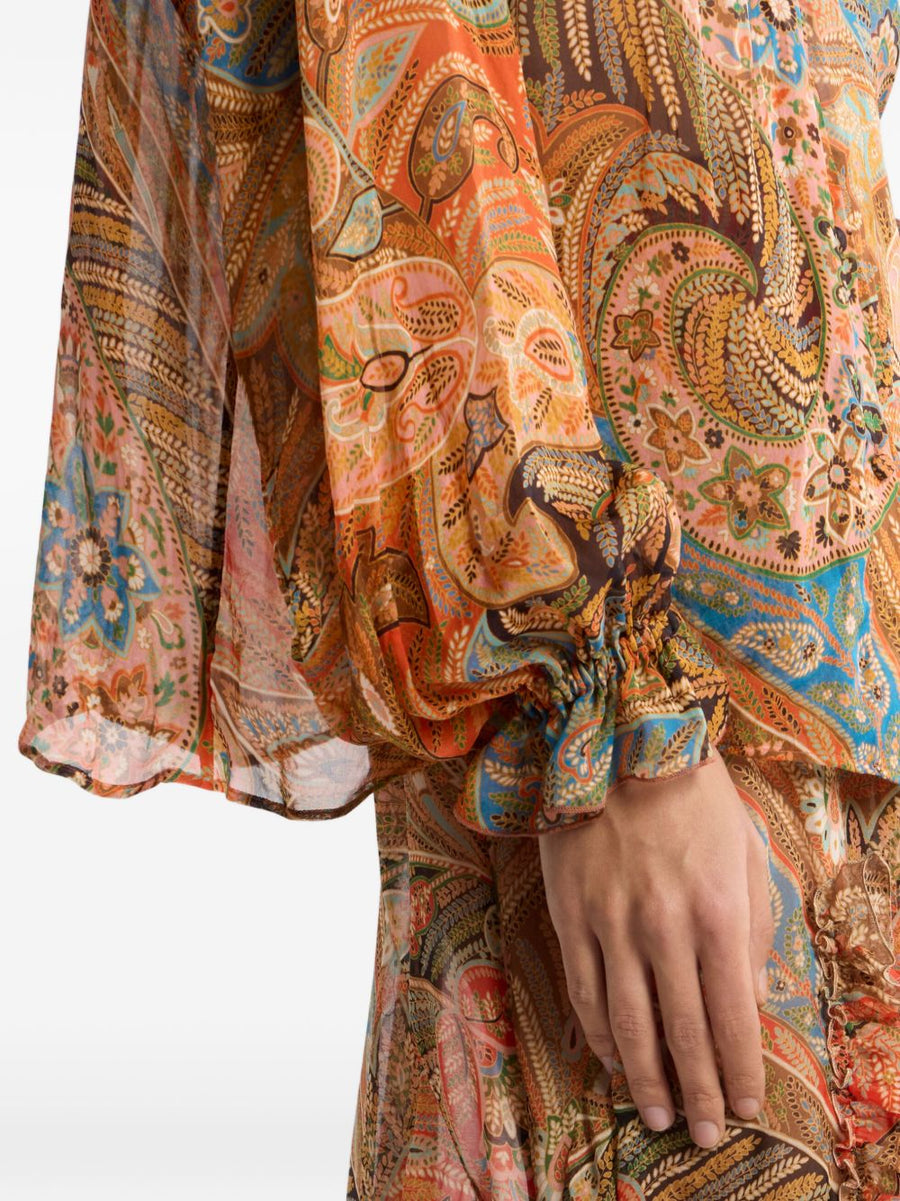 Etro Silk Shirt For Women With Orange Paisley Print, Ruffled Front, 100 Percent Silk, Elegant Statement