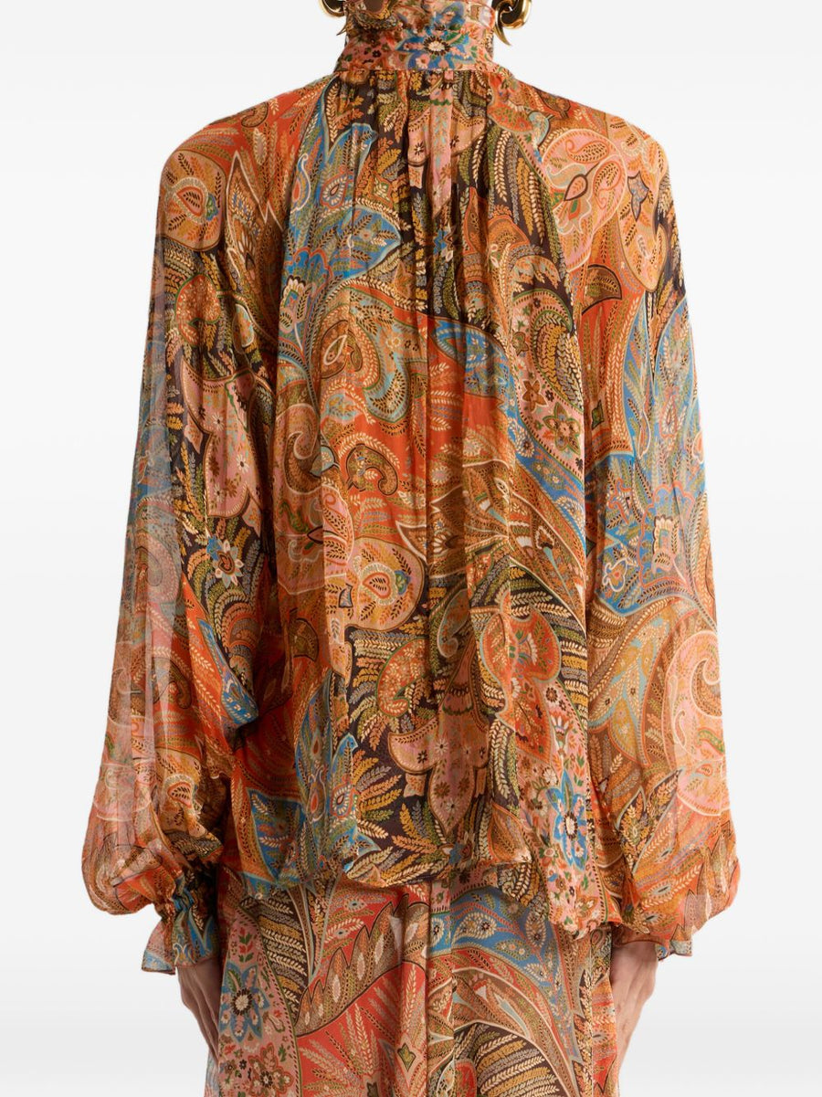 Etro Silk Shirt For Women With Orange Paisley Print, Ruffled Front, 100 Percent Silk, Elegant Statement