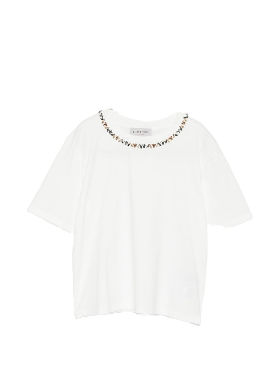 Ermanno Firenze Embroidered Cotton T Shirt For Women Premium Breathable 100 Percent Cotton White Everyday Essential