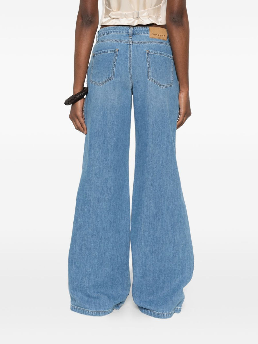 Ermanno Firenze Embroidered Denim Jeans For Women With Floral Embroidery And Wide Leg Light Blue