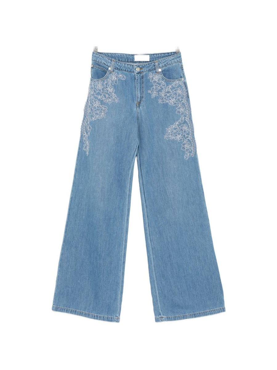Ermanno Firenze Embroidered Denim Jeans For Women With Floral Embroidery And Wide Leg Light Blue