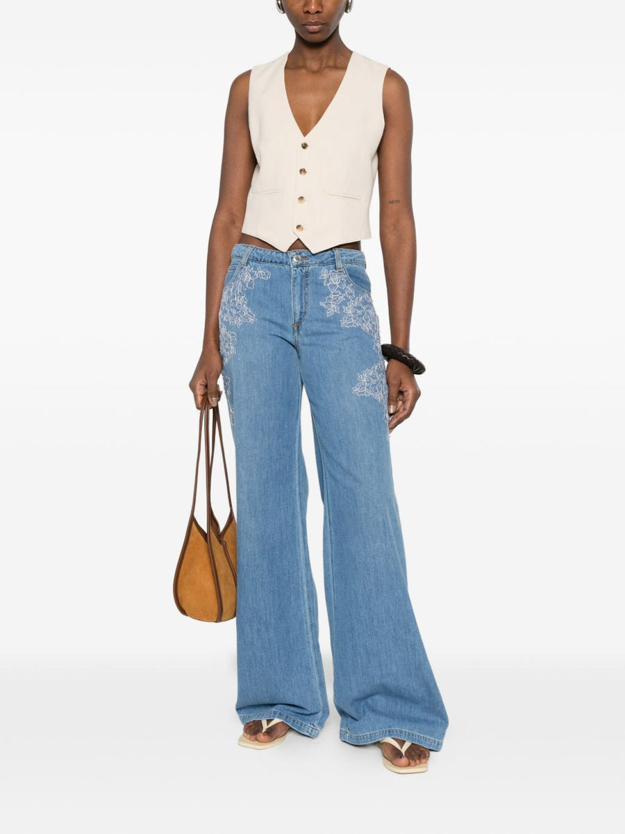 Ermanno Firenze Embroidered Denim Jeans For Women With Floral Embroidery And Wide Leg Light Blue