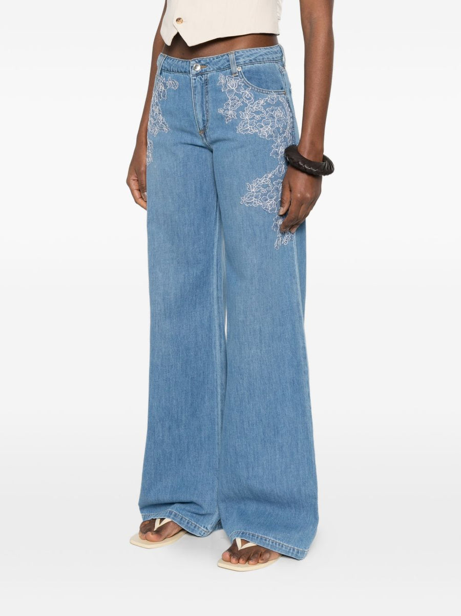 Ermanno Firenze Embroidered Denim Jeans For Women With Floral Embroidery And Wide Leg Light Blue