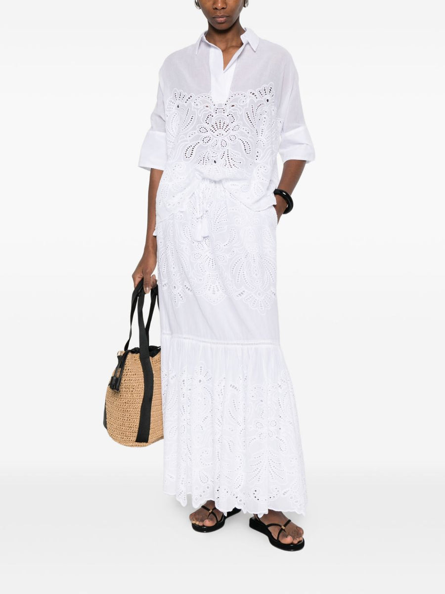 Ermanno Firenze Cotton Long Skirt for Women Eyelet Detailing Drawstring Tiered Resort Wear