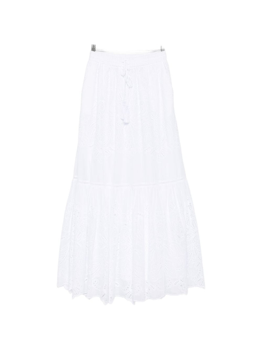 Ermanno Firenze Cotton Long Skirt for Women Eyelet Detailing Drawstring Tiered Resort Wear