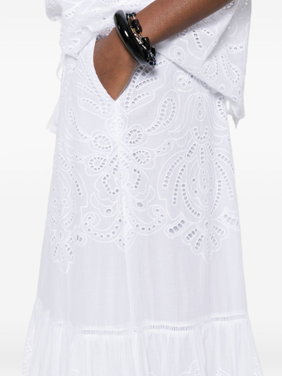 Ermanno Firenze Cotton Long Skirt for Women Eyelet Detailing Drawstring Tiered Resort Wear