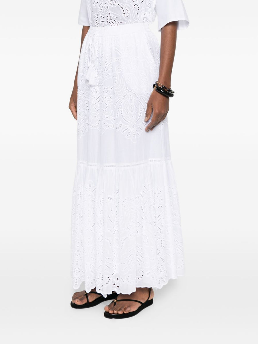 Ermanno Firenze Cotton Long Skirt for Women Eyelet Detailing Drawstring Tiered Resort Wear