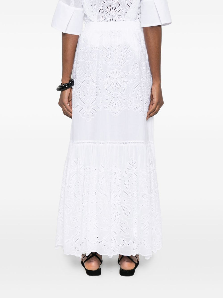 Ermanno Firenze Cotton Long Skirt for Women Eyelet Detailing Drawstring Tiered Resort Wear