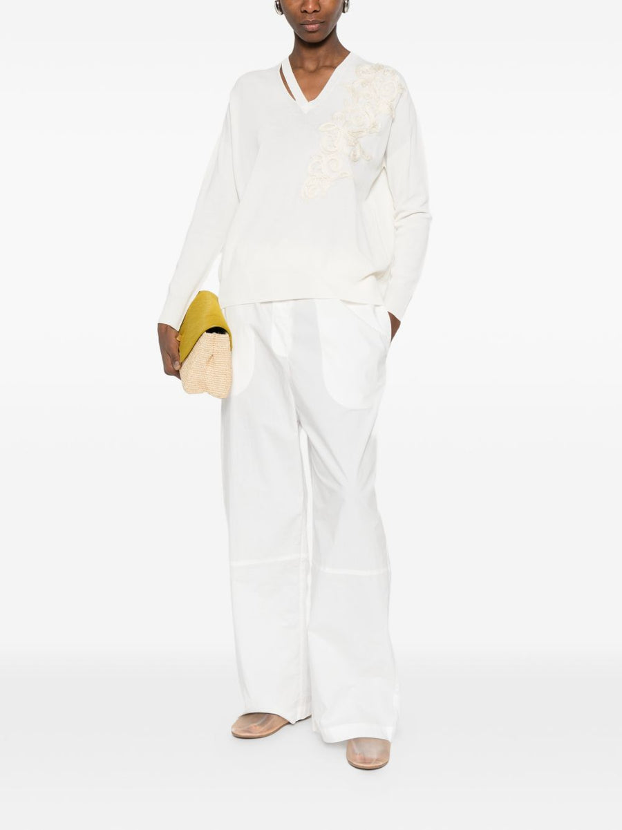 Ermanno Firenze Women's Embroidered Cotton Sweater With V Neck White Refined Texture