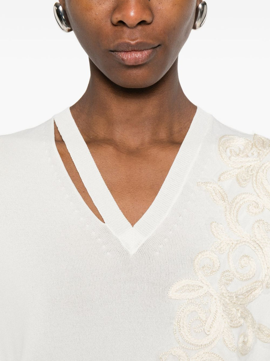 Ermanno Firenze Women's Embroidered Cotton Sweater With V Neck White Refined Texture