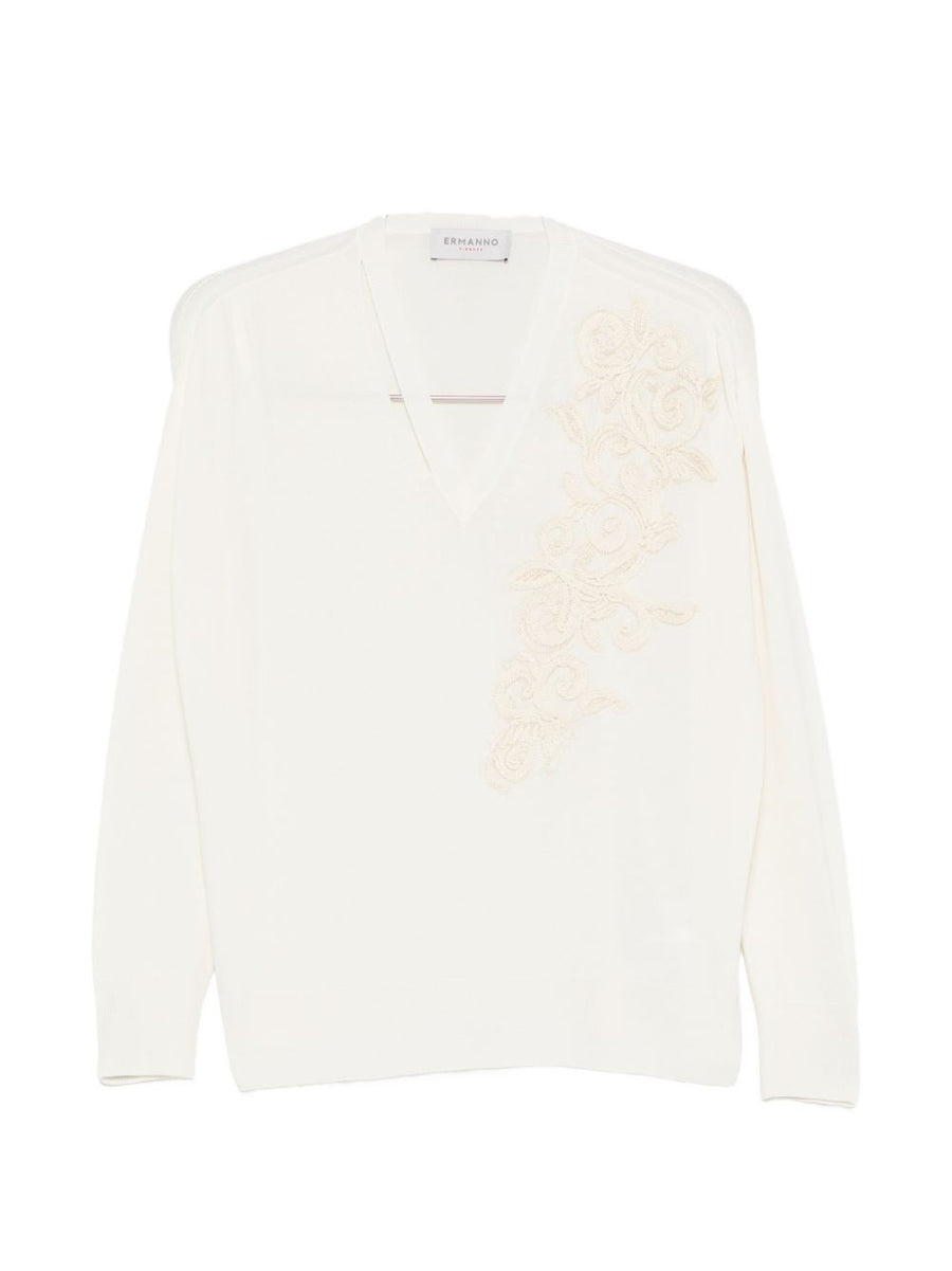 Ermanno Firenze Women's Embroidered Cotton Sweater With V Neck White Refined Texture