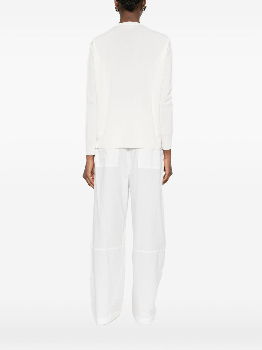 Ermanno Firenze Women's Embroidered Cotton Sweater With V Neck White Refined Texture