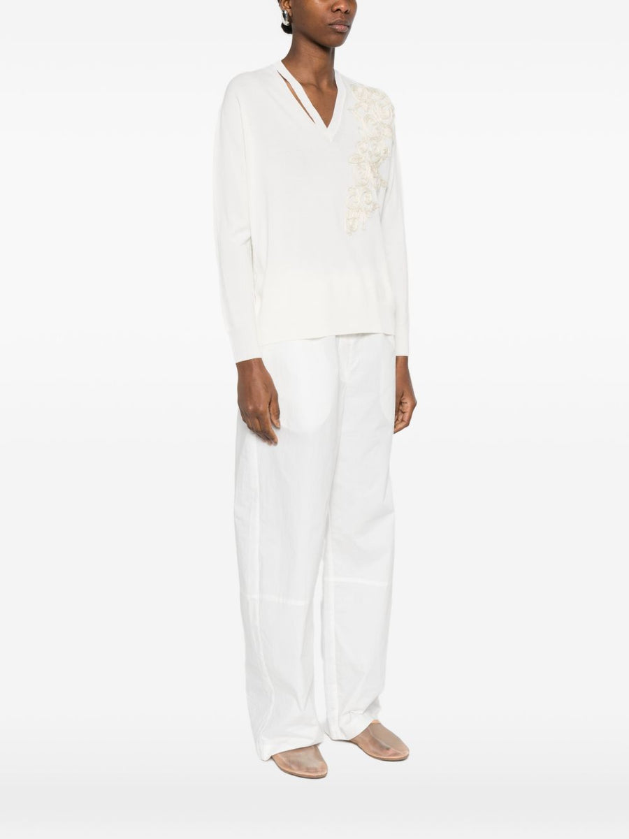 Ermanno Firenze Women's Embroidered Cotton Sweater With V Neck White Refined Texture