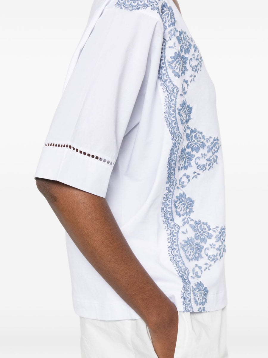 Ermanno Firenze V Neck Cotton T Shirt With Pointelle Detailing And Floral Embroidery For Women