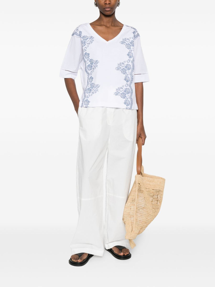 Ermanno Firenze V Neck Cotton T Shirt With Pointelle Detailing And Floral Embroidery For Women